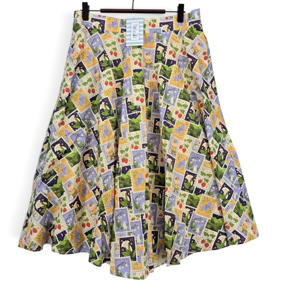 Tulip B Floral Stamp Print Midi Skirt Large Waist 30 Stretch Cotton NWT Lined